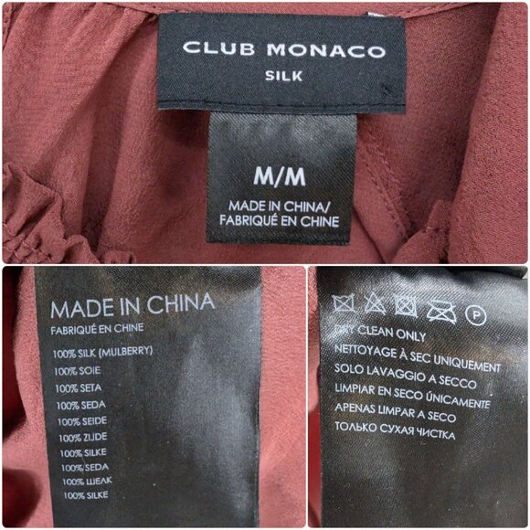 Club Monaco Silk Ruched Neck Top Womens Terracotta Red Long Sleeve Blouse Size M - Picture 5 of 9